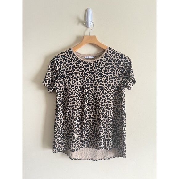 Zara Leopard Print Tee T Shirt Womens Small‎ Brown Short Sleeve Basic Casual - Picture 1 of 4